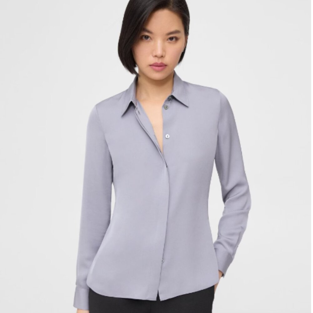 Theory Lavender Button-Down Silk Blouse